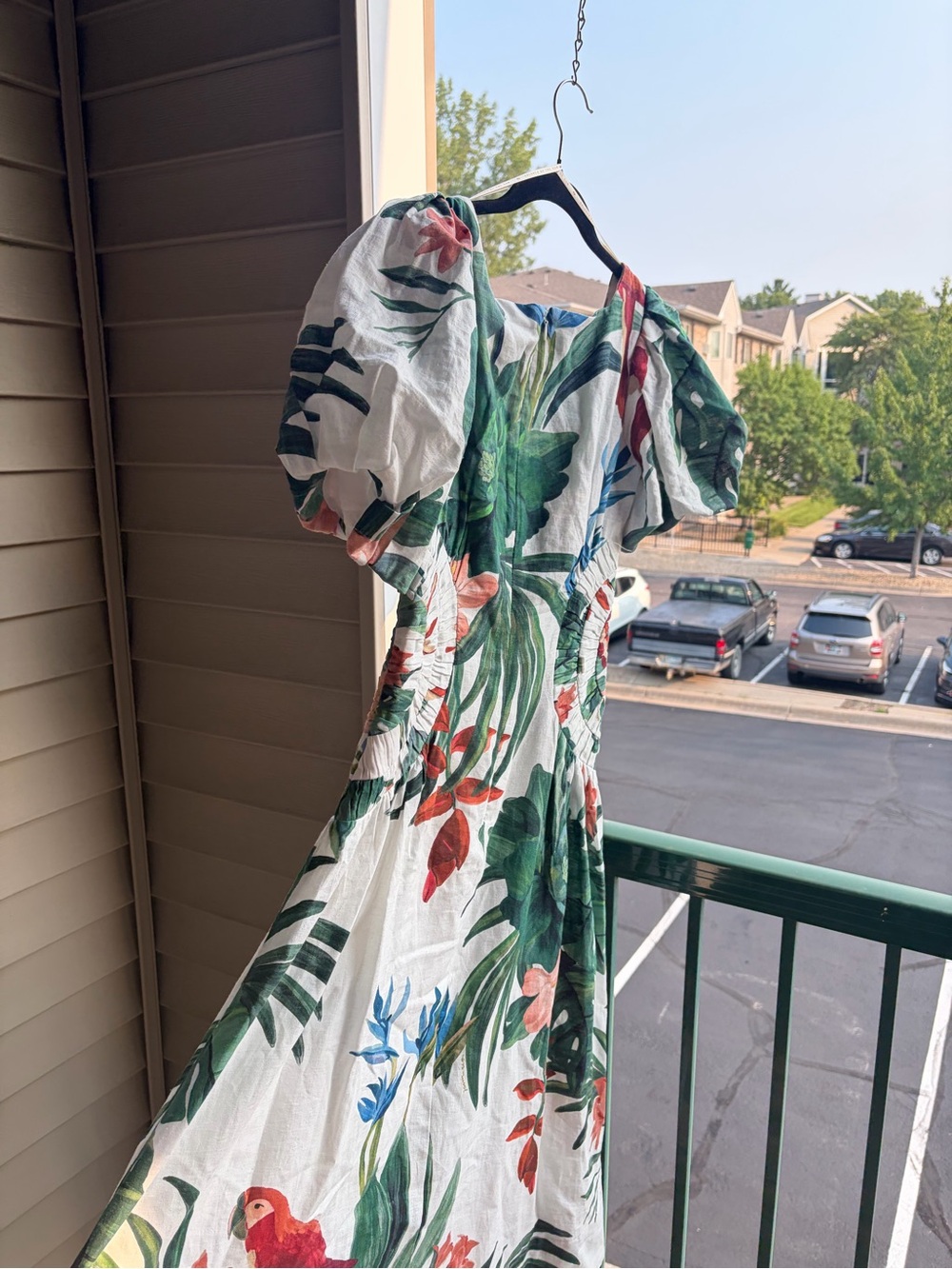 🆕🌿🦜FARM Rio OffWhite Midnight Macaw Fiesta Linen Puff Sleeve Midi Dress XS Party - Picture 7 of 17